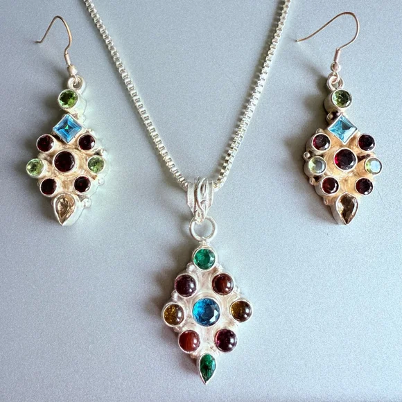 Multi Color Cubic Zirconia Sterling Silver Rhombus Pendant Chain Necklace